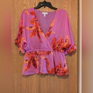 Bobeau Pink & Orange Wrap Peplum Blouse 3/4 Sleeve